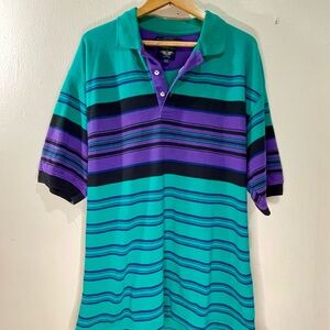 90s Color Block Striped Polo Shirt - Teal and Purple